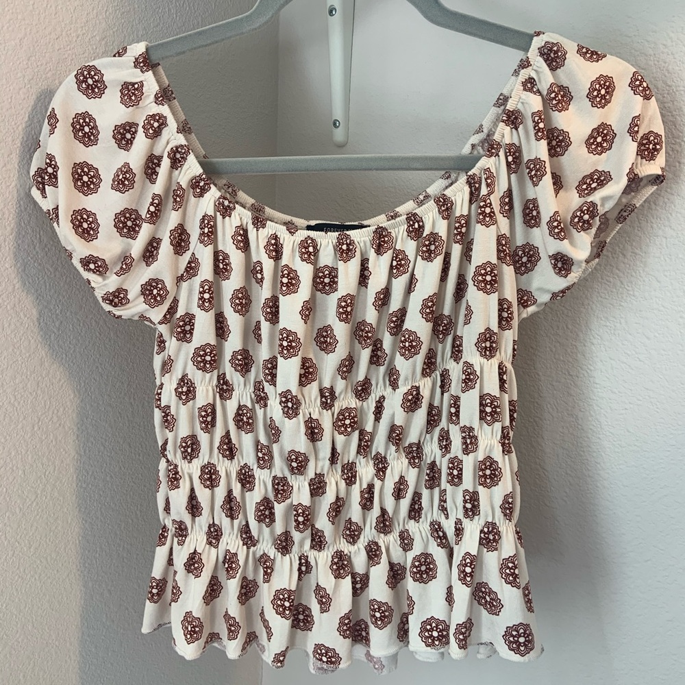 Forever 21 Small Ruffled/Rouched Top Creme with Mahogany Red Flowers
